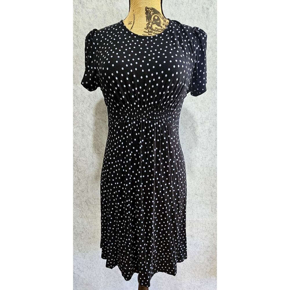 Boden Jersey Dress, Polka Dot, Smocked Waist, Pockets, Crew Neck, Mini, Sz 6P